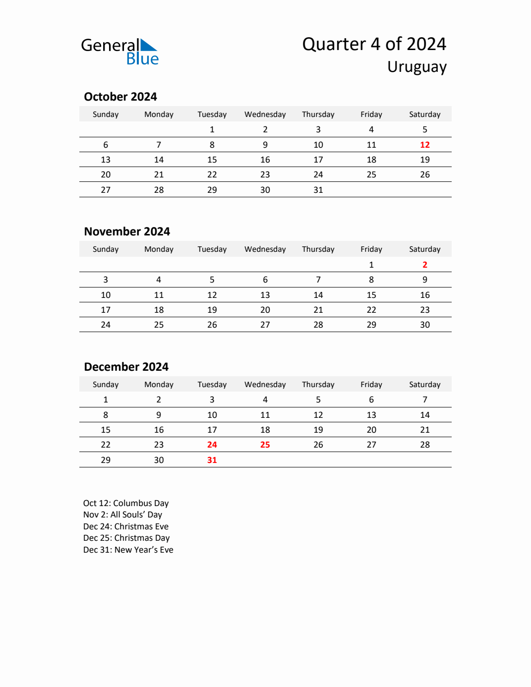 Q4 2024 Quarterly Calendar with Uruguay Holidays