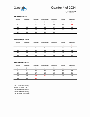 Uruguay Quarter 4  2024 calendar template