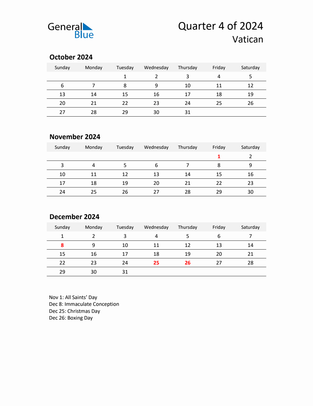 Q4 2024 Quarterly Calendar with Vatican Holidays (PDF, Excel, Word)