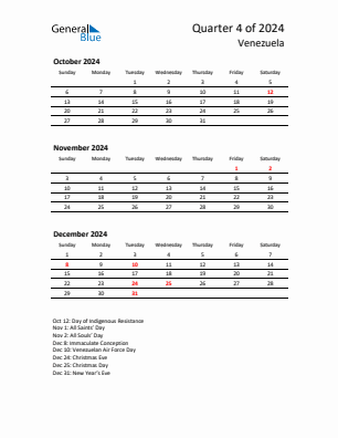 Venezuela Quarter 4  2024 calendar template