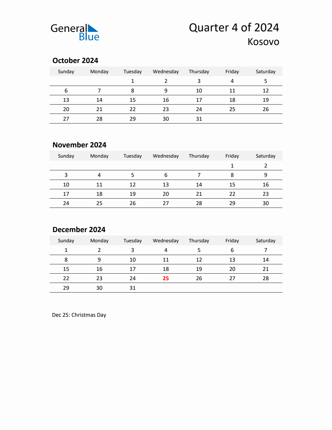 Q4 2024 Quarterly Calendar with Kosovo Holidays (PDF, Excel, Word)