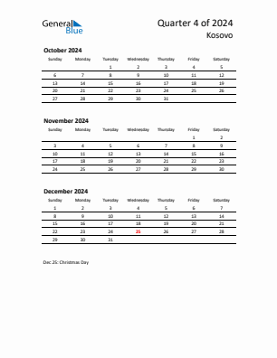 Kosovo Quarter 4  2024 calendar template