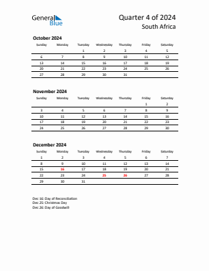 South Africa Quarter 4  2024 calendar template