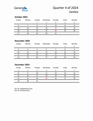 Zambia Quarter 4  2024 calendar template