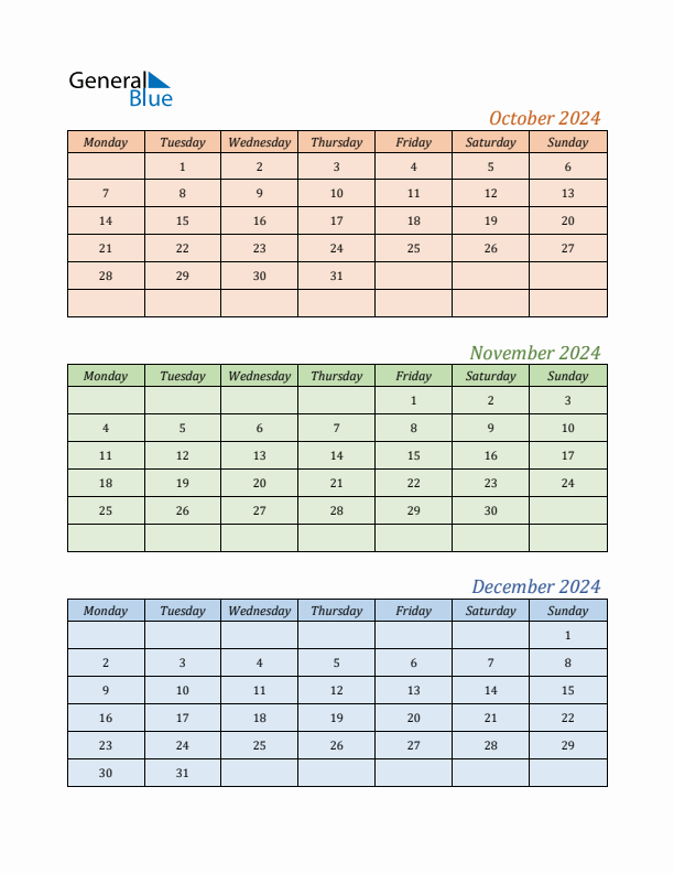 Three-Month Calendar for Year 2024 (October, November, and December)