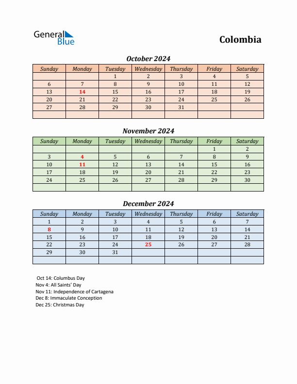Q4 2024 Holiday Calendar - Colombia