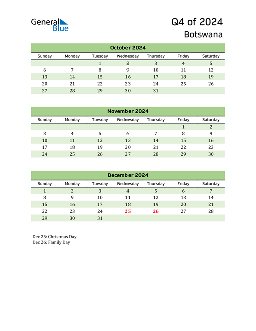  Quarterly Calendar 2024 with Botswana Holidays 