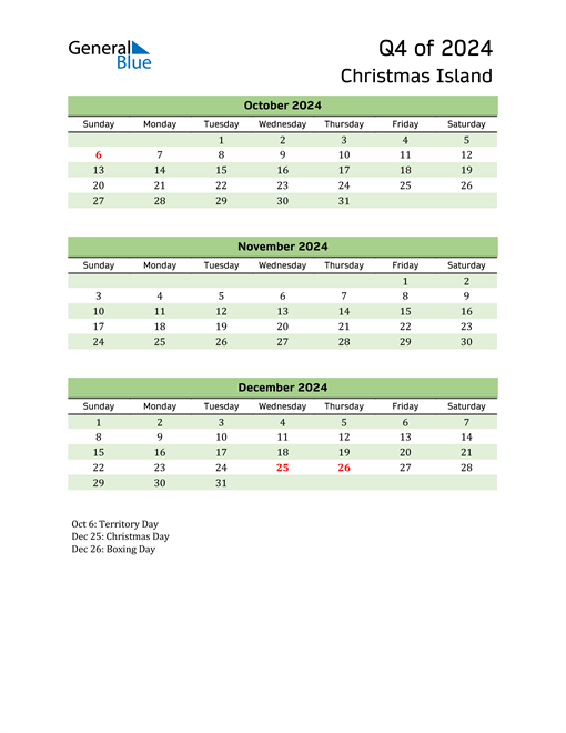  Quarterly Calendar 2024 with Christmas Island Holidays 