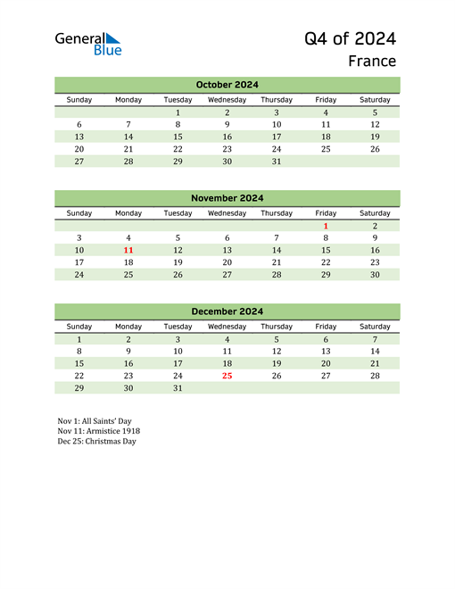  Quarterly Calendar 2024 with France Holidays 