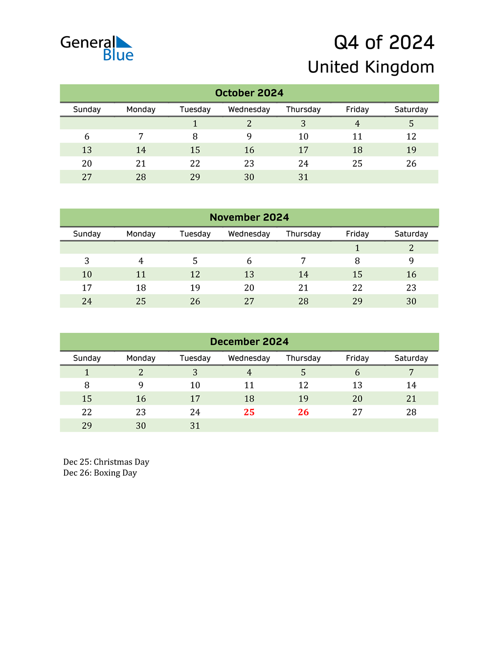  Quarterly Calendar 2024 with United Kingdom Holidays 