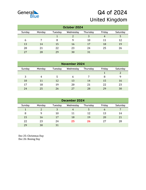  Quarterly Calendar 2024 with United Kingdom Holidays 