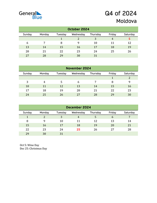  Quarterly Calendar 2024 with Moldova Holidays 