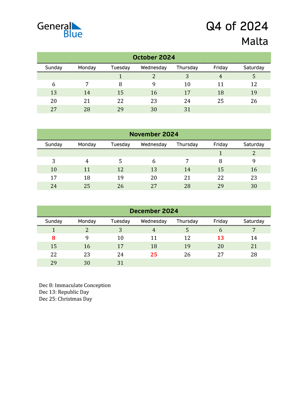 Quarterly Calendar 2024 with Malta Holidays 