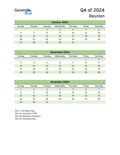  Quarterly Calendar 2024 with Reunion Holidays 
