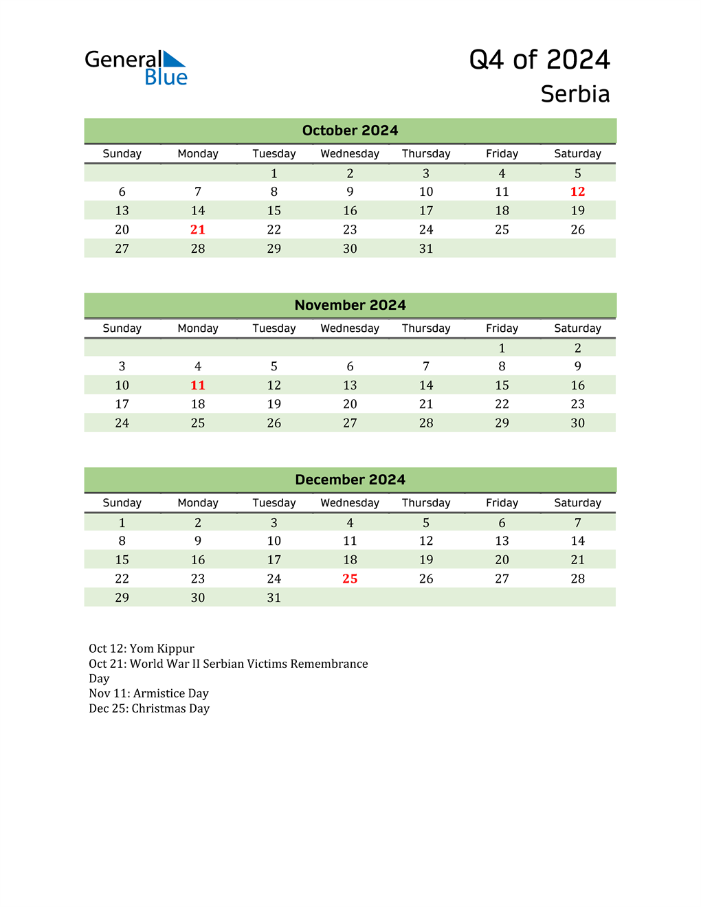  Quarterly Calendar 2024 with Serbia Holidays 