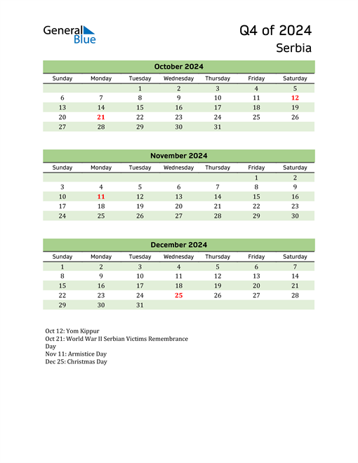  Quarterly Calendar 2024 with Serbia Holidays 
