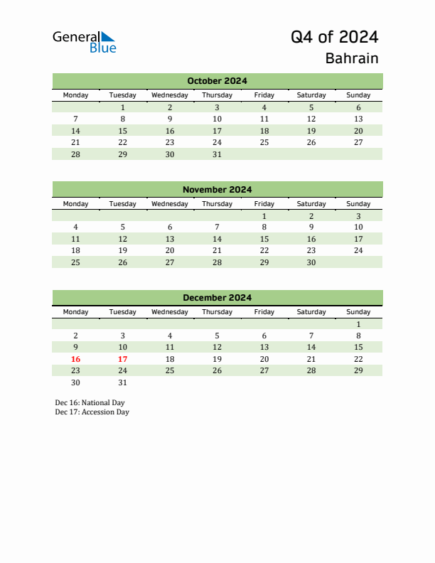 Quarterly Calendar 2024 with Bahrain Holidays