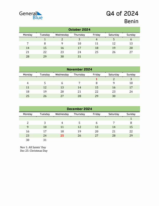 Quarterly Calendar 2024 with Benin Holidays