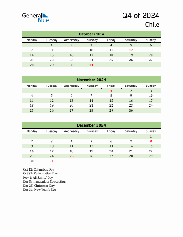 Quarterly Calendar 2024 with Chile Holidays