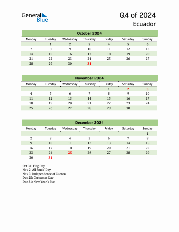 Quarterly Calendar 2024 with Ecuador Holidays