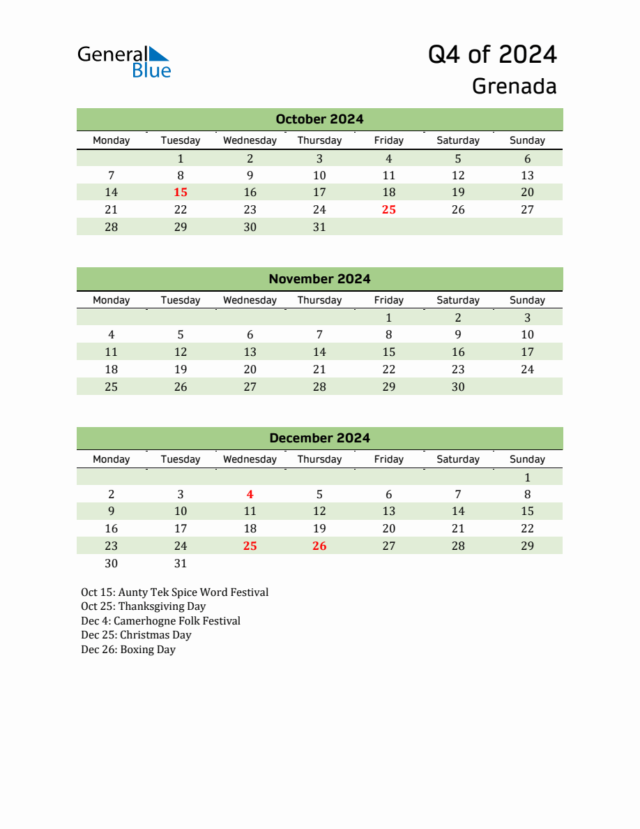 Quarterly Calendar 2024 with Grenada Holidays
