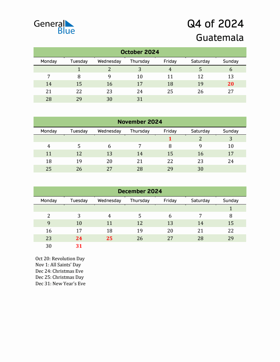 Quarterly Calendar 2024 with Guatemala Holidays