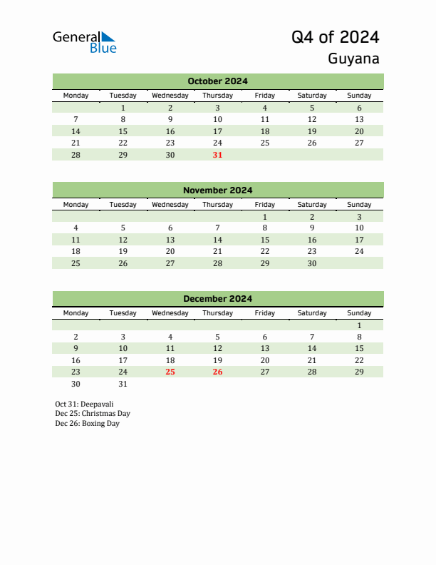Quarterly Calendar 2024 with Guyana Holidays