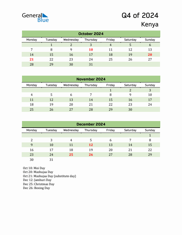 Threemonth calendar for Kenya Q4 of 2024
