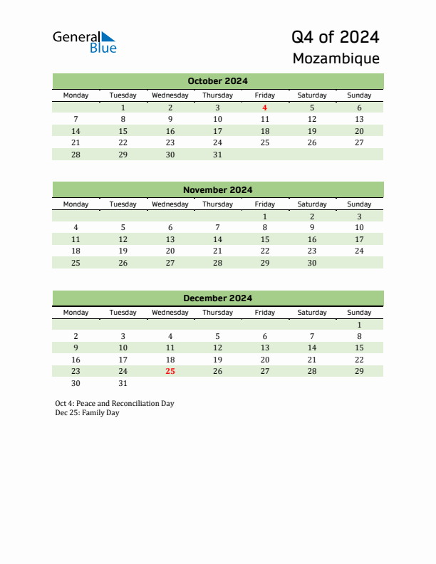 Quarterly Calendar 2024 with Mozambique Holidays
