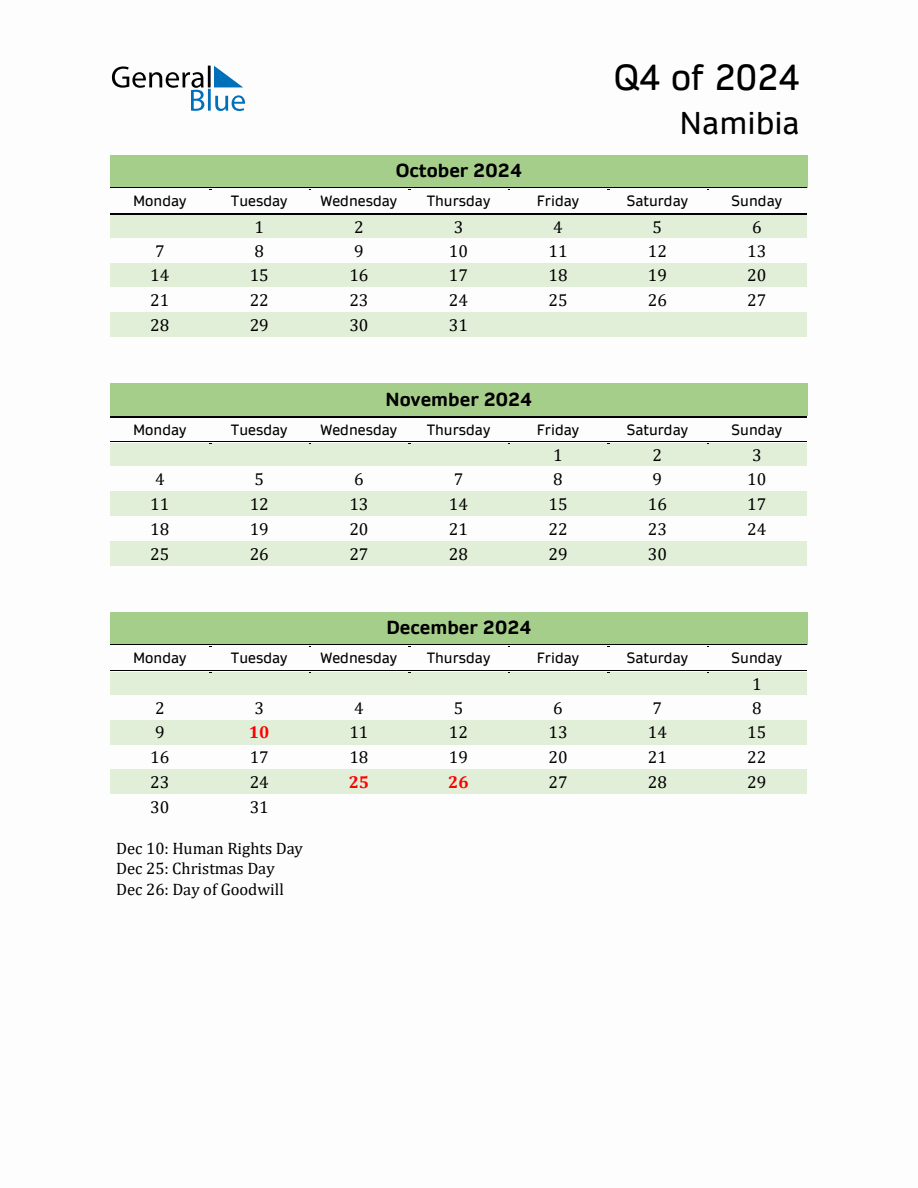 Quarterly Calendar 2024 with Namibia Holidays