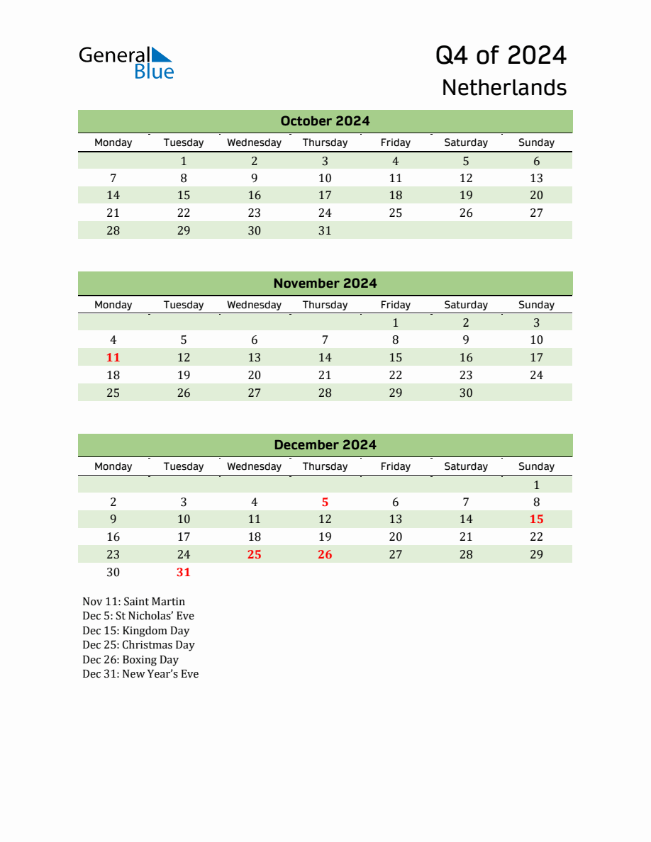 Quarterly Calendar 2024 with Netherlands Holidays