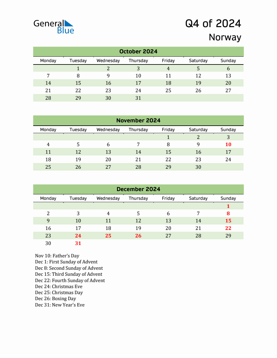 Quarterly Calendar 2024 with Norway Holidays