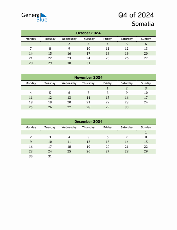 Quarterly Calendar 2024 with Somalia Holidays