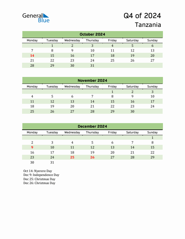 Q4 2024 Monday Start Quarterly Calendar with Tanzania Holidays