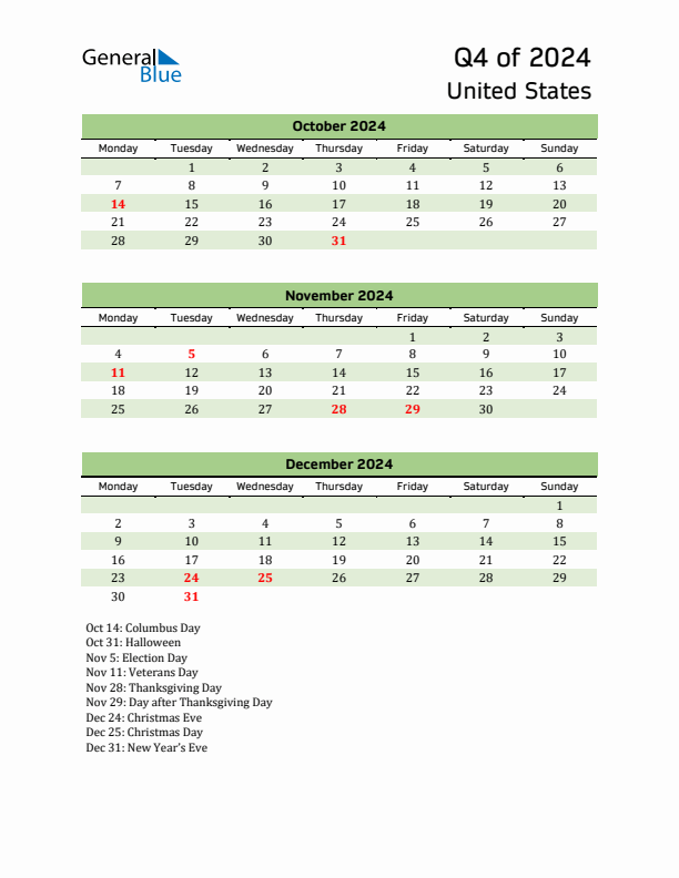 Quarterly Calendar 2024 with United States Holidays