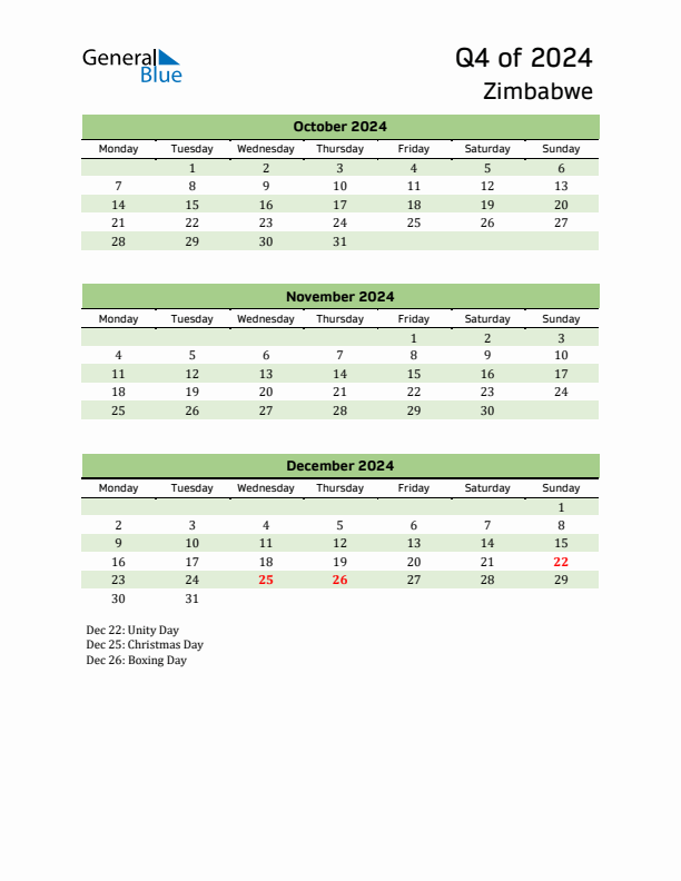 Threemonth calendar for Zimbabwe Q4 of 2024