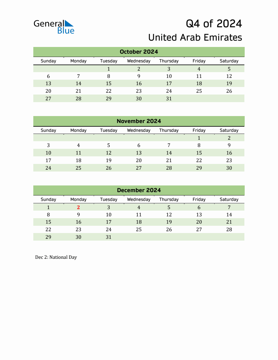 Quarterly Calendar 2024 with United Arab Emirates Holidays