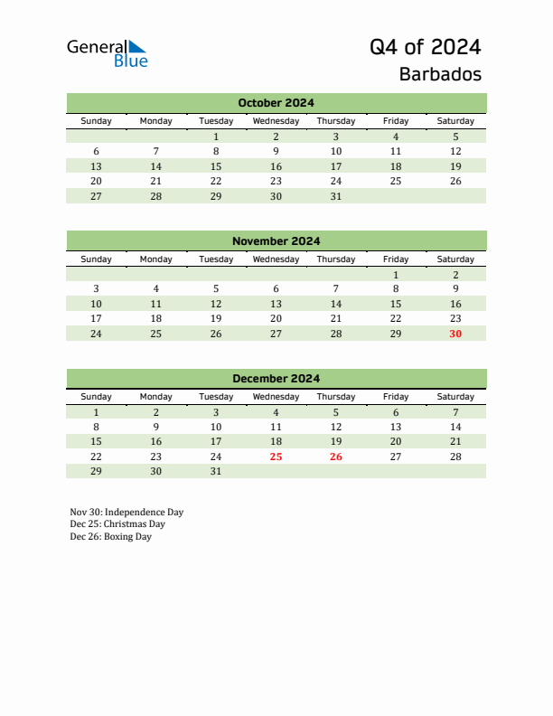 Quarterly Calendar 2024 with Barbados Holidays