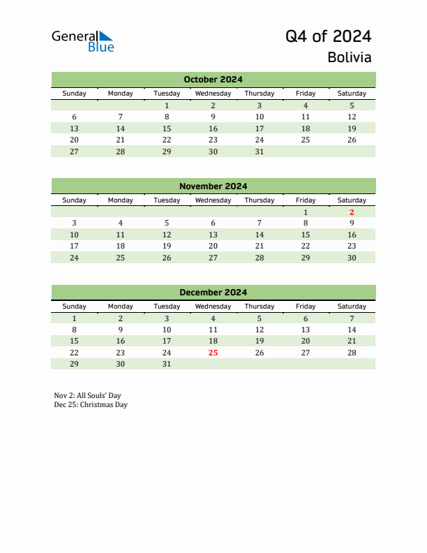 Quarterly Calendar 2024 with Bolivia Holidays