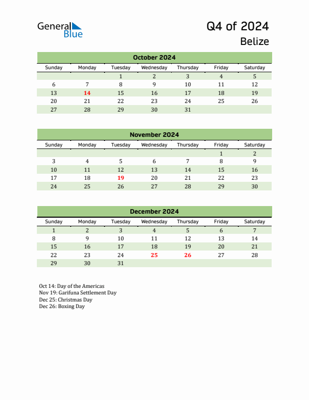 Quarterly Calendar 2024 with Belize Holidays
