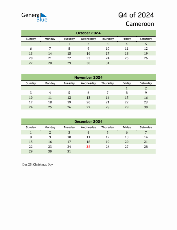 Quarterly Calendar 2024 with Cameroon Holidays