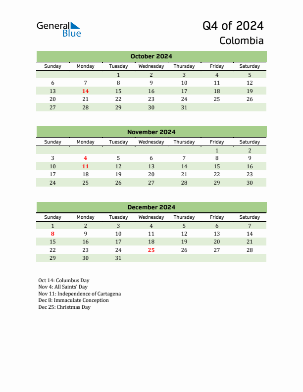 Quarterly Calendar 2024 with Colombia Holidays