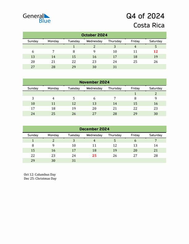 Quarterly Calendar 2024 with Costa Rica Holidays