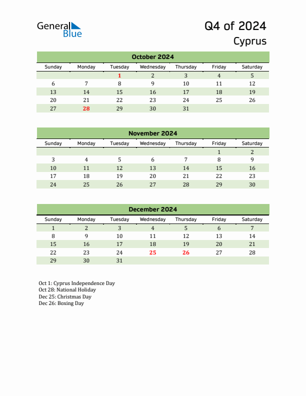 Q4 2024 Quarterly Calendar with Cyprus Holidays (PDF, Excel, Word)