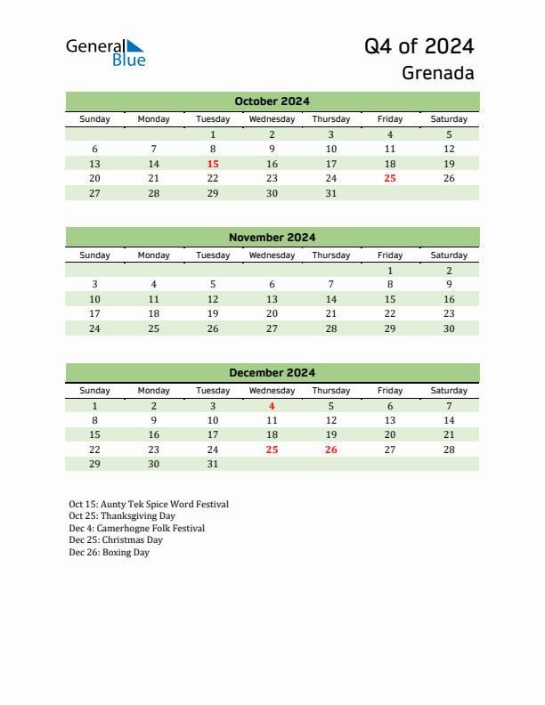 Q4 2024 Quarterly Calendar with Grenada Holidays (PDF, Excel, Word)