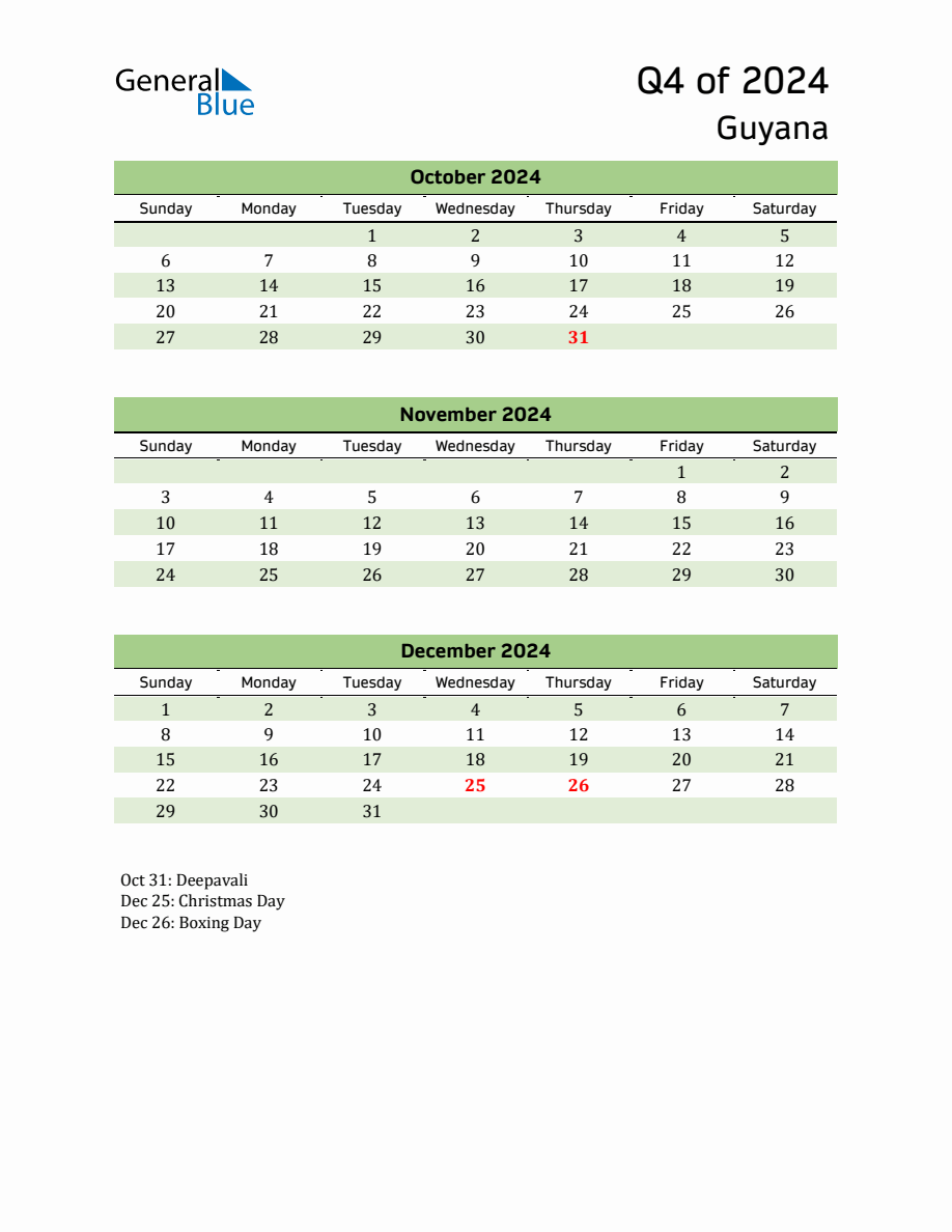 Quarterly Calendar 2024 with Guyana Holidays