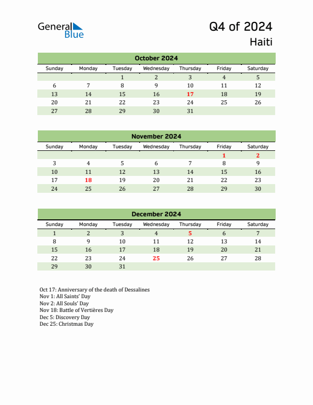 Quarterly Calendar 2024 with Haiti Holidays