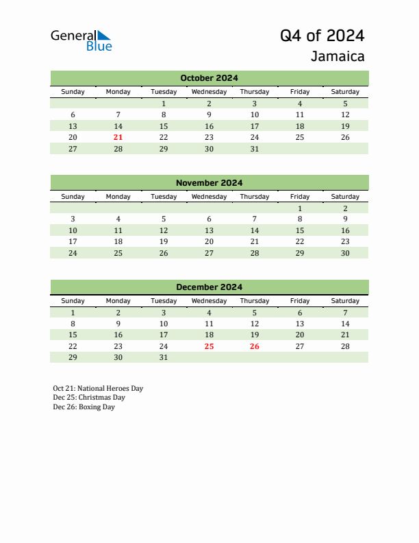 Quarterly Calendar 2024 with Jamaica Holidays