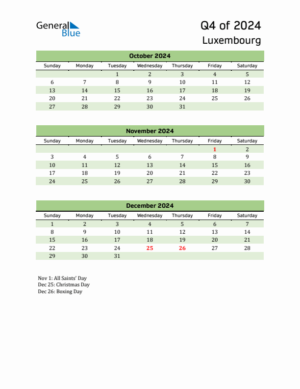 Q4 2024 Quarterly Calendar with Luxembourg Holidays (PDF, Excel, Word)