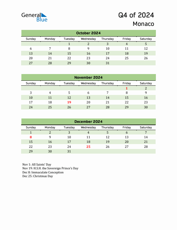 Quarterly Calendar 2024 with Monaco Holidays